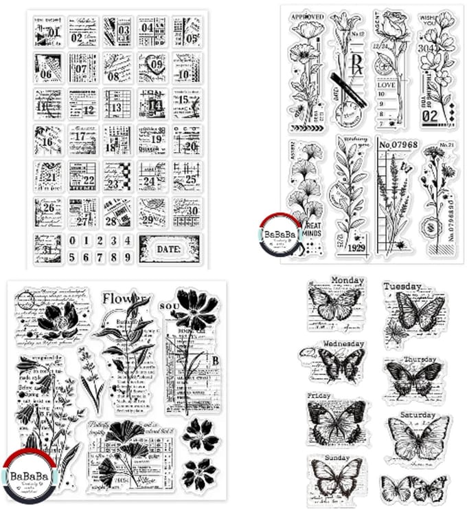 BaBaBa Clearstempels Set van 4 – Bloemen, Vlinders, Weekdagen & Datum | Creatieve Stempels voor Scrapbooking, Journaling & Kaarten