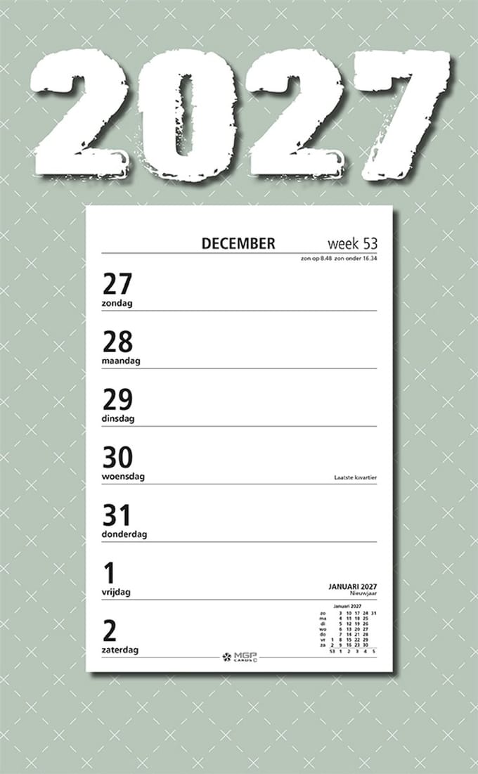 MGPcards - Week Scheurkalender 2027 - Week begint op zondag - 21 x 34 cm - Groen