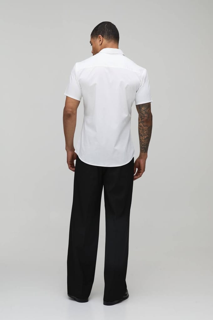 Slim Fit Korte Mouw Katoenen Overhemd | White | Size Medium