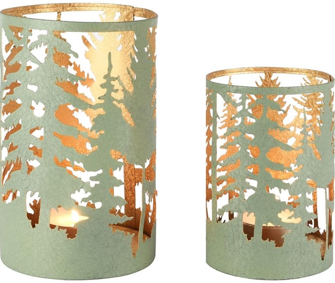 Dekoratief | Set 2 Waxinelichthouders 'Pine Forest', groen/goud, metaal, 13x13x20cm | A258041