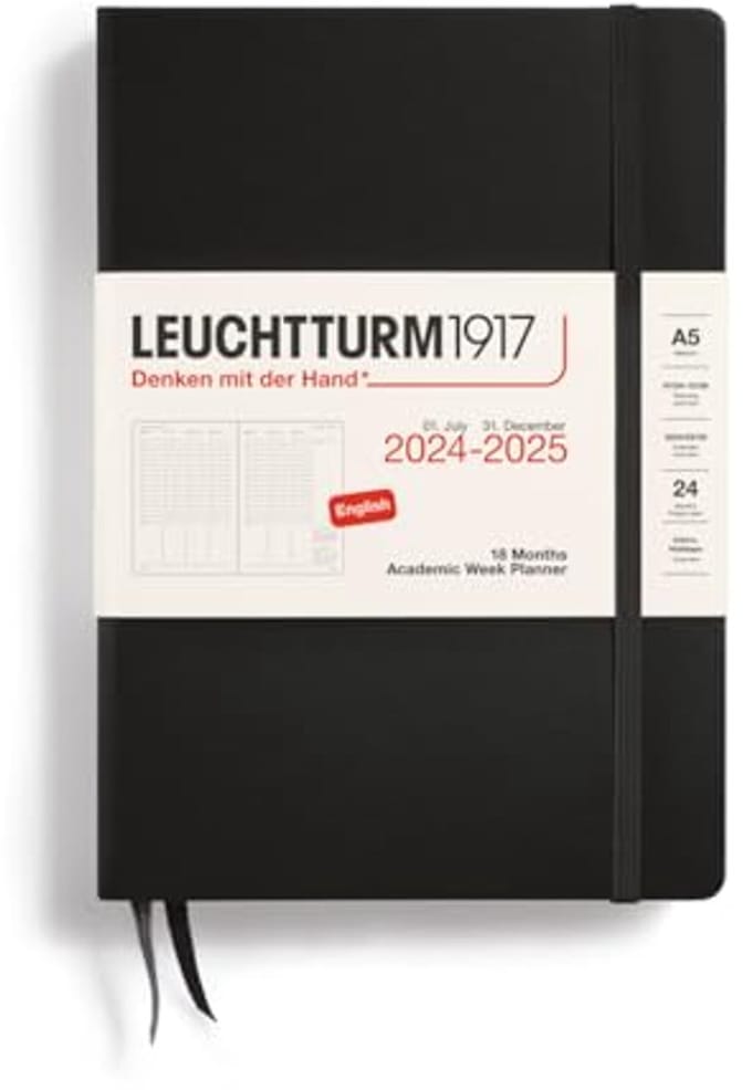 Academische Weekplanner Medium A5 2025 - 18 Maanden - Hardcover - Zwart - Engels