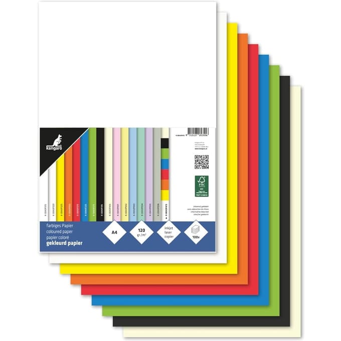 Kangaro papier - A4 - 120 gram FSC - pak a 100 vel - assorti (10x10)