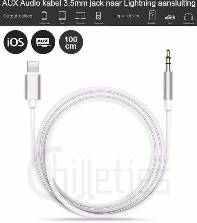 Aux Kabel Auto iPhone - Iphone Aux-kabel auto - iPhone Lightning 3.5 mm - Jack audio aansluiting - (Wit)
