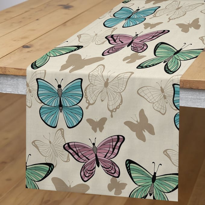 ABAKUHAUS Tafelloper – Eierschaal Multicolor – Vlinders 40x225 cm