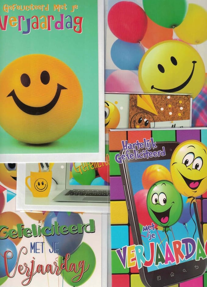 Wenskaarten - Smiley - felicitatie - gefeliciteerd - verjaardag - grappig - set van 5