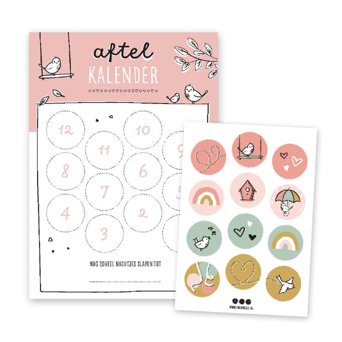 Thuismusje Aftelkalender - Roze - A4 formaat - inclusief 12 stickers