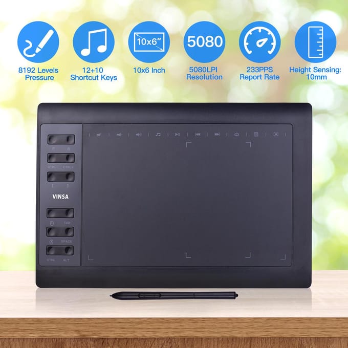 10x6 inch professionele grafische tekentablet 12 sneltoetsen met 8192 niveaus Batterijloos Package 5 zwart