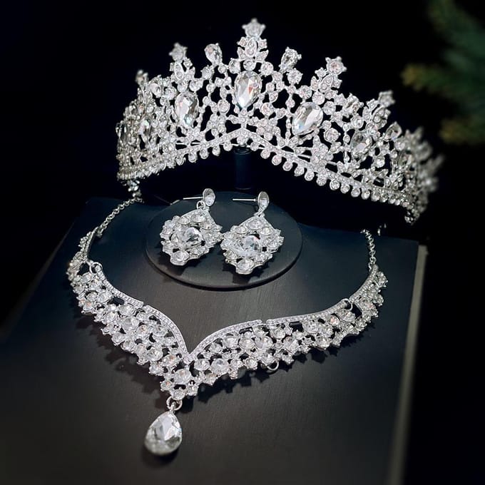 Bruidskroon Ketting Oorbellen Drie Delig Set Bruids Sieraden Set gray