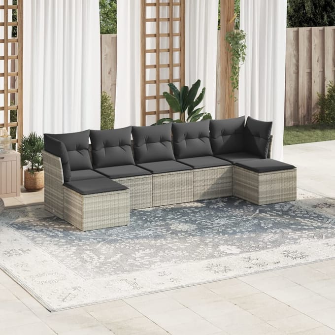 vidaXL - 7-delige - Loungeset - met - kussens - poly - rattan - lichtgrijs