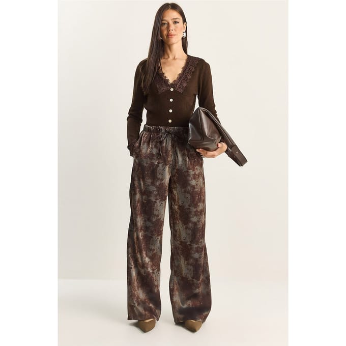 Hoge Taille Wijde Pantalon met Patronen en Binddetails