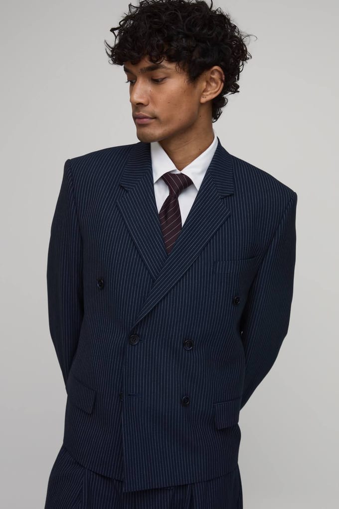 Pinstripe Oversized Boxy Double Breasted Blazer | Navy | Size 44