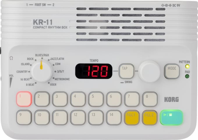 KORG KR-11 Eenvoudig te bedienen drumcomputer met meer dan 120 ritmes en geïntegreerd luidsprekersysteem.