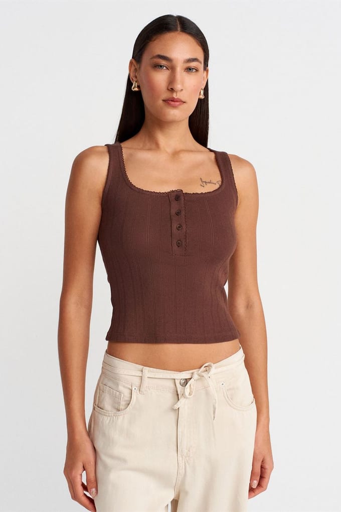 Slim Fit Geribbelde Katoenen Blouse met Vierkante Hals