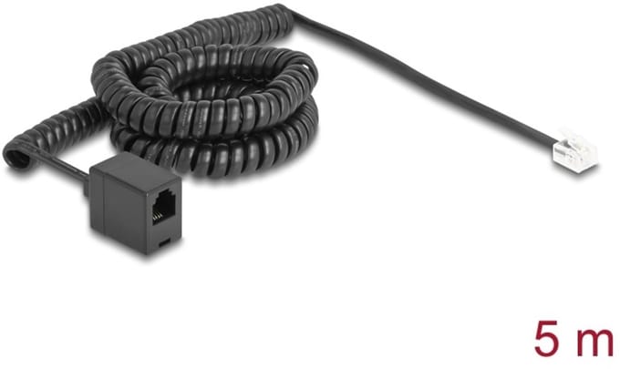 Delock Telephone Cable / Coiled Cable RJ11 plug to RJ11 jack black 5 m