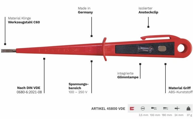 Eurotester en Spanningstester tot 250V - GS-getest, VDE 0680, 190 mm