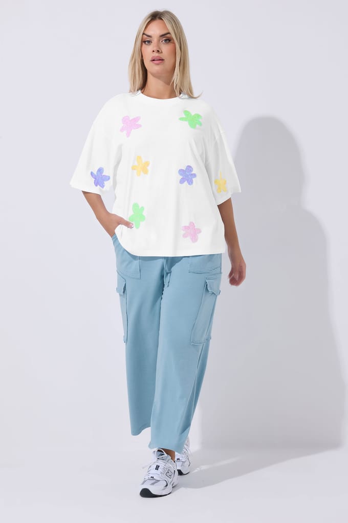 Limited Collection Wit Boxy Tshirt Met Pailletten En Bloemenprint Size 42