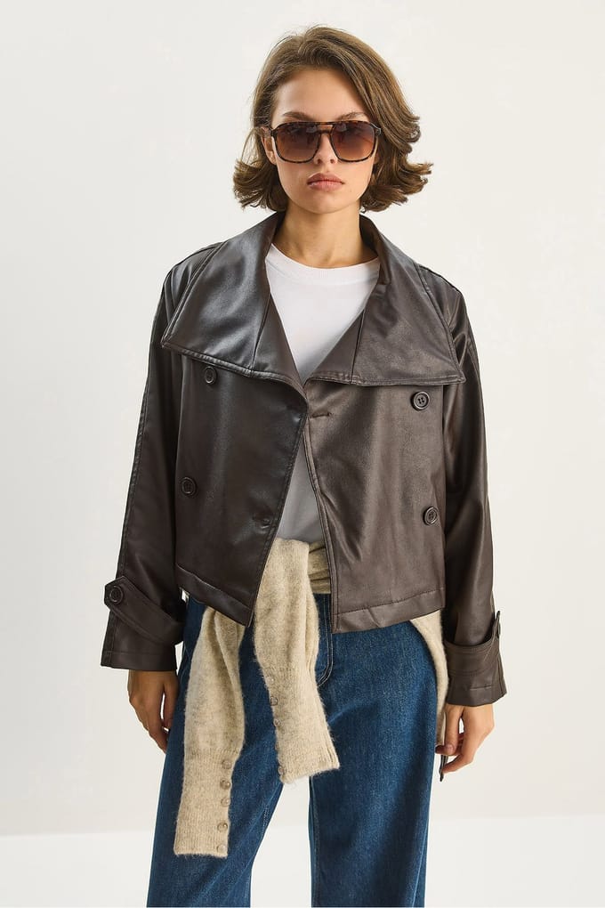 Oversized Faux Leren Jacket met Knopen Sluiting