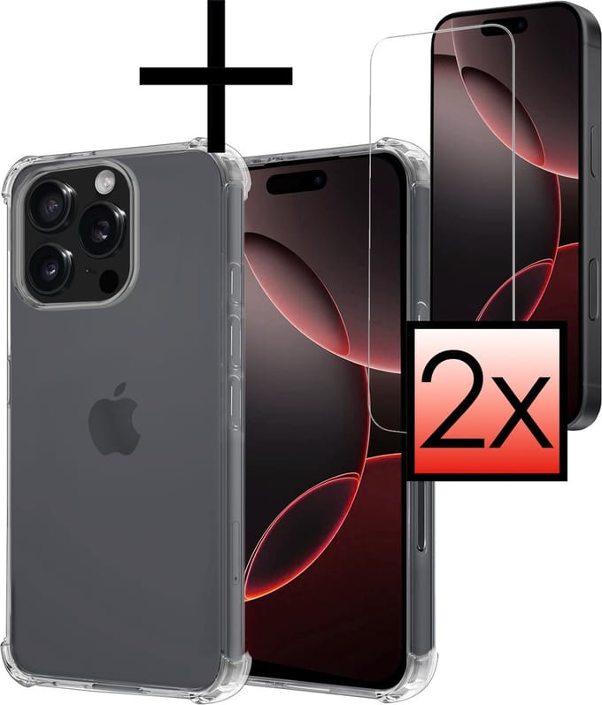Hoesje - Met Screenprotector - 2 Stuks - Geschikt voor Apple iPhone 16 Pro Max - Sterk & Shockproof - Siliconen Case - Back Cover - Telefoon Hoes - Shock Proof - Transparant