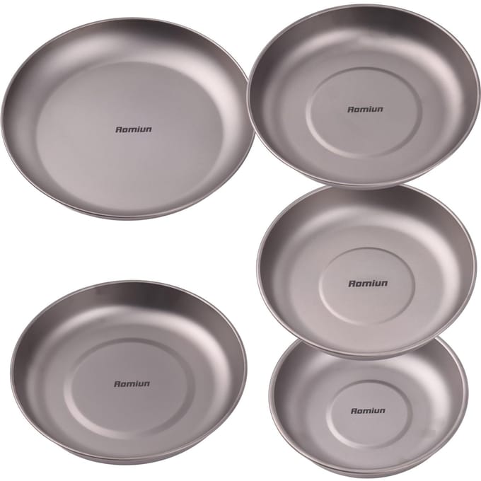 5 pièces Plaque de camping en Ti Ensemble léger de vaisselle ronde Assiettes de service empilables pour le backpacking gray