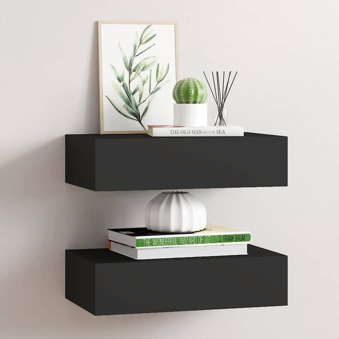 vidaXL - Wandschappen - 2 - st - met - lade - 40x23,5x10 - cm - MDF - zwart