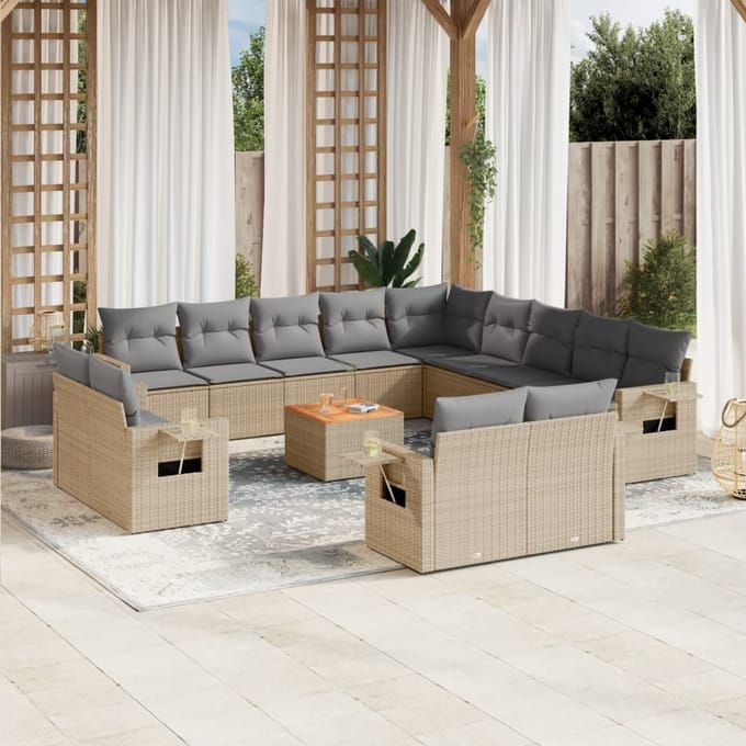 vidaXL - 14-delige - Loungeset - met - kussens - poly - rattan - beige