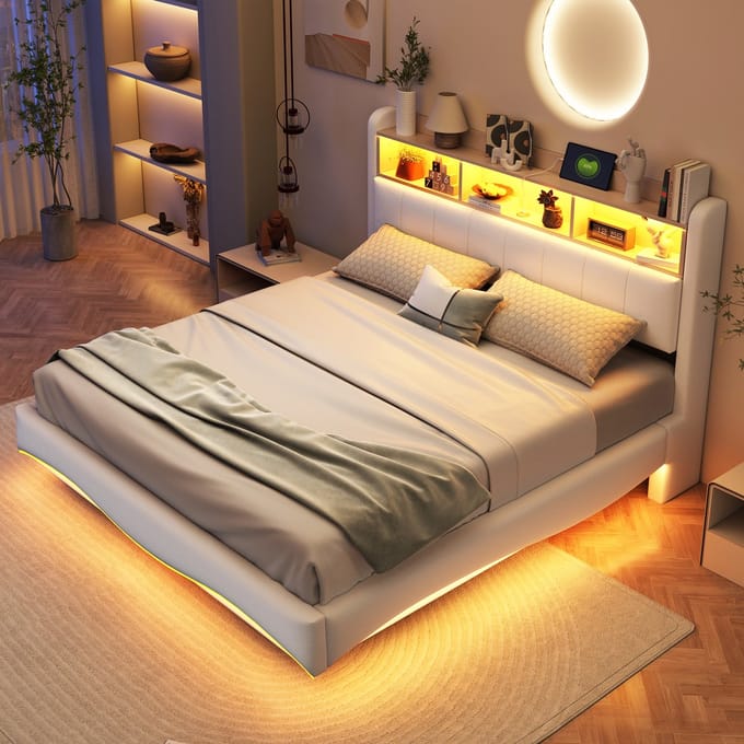 REDOM Ledikant 160x200 cm – Linnen beige – Zwevend ontwerp met LED, USB & Type-C