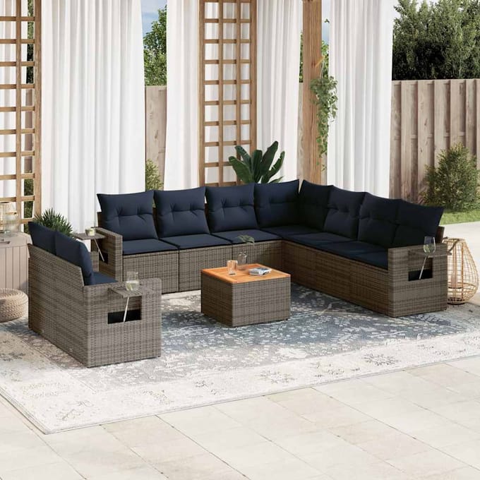 vidaXL - 10-delige - tuinbankset - met - kussens, - grijs - polyrotan