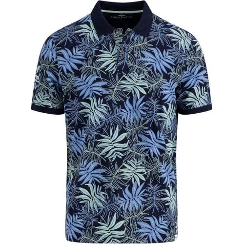 Fynch-Hatton Polo Allover Leaves Pattern Slub Cotton Navy-Blauw / male
