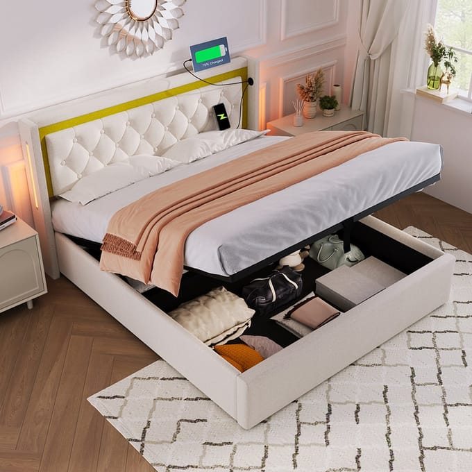KOMHTOM Bed Tweepersoons 140x200 cm met opbergruimte en USB type C hoofdeinde Opbergbed