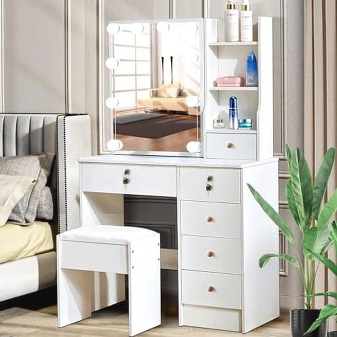 Make-uptafel met verlichting en spiegel - Witte Kaptafel met Kruk en 6 Laden - 80 x 130 x 36 cm