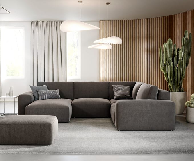 Woonlandschap Lanzo microvezel khakibruin 300x210 cm met variabele recamière en hocker