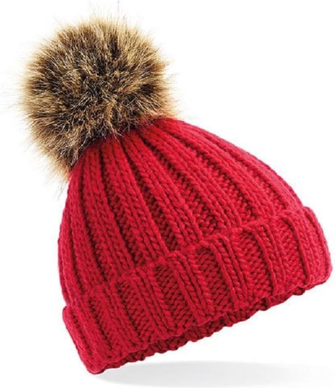 Gebreide muts Rood grof/chunky met pom pom voor kleine kinderen - Beechfield
