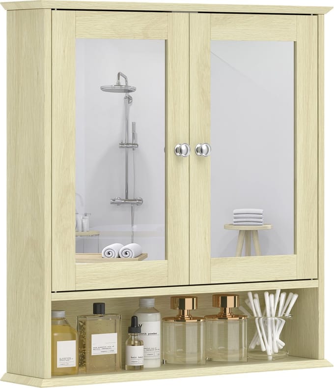 Kleankin spiegelkast - MDF, glas - 56 x 13 x 58 cm - Natuurlijk hout