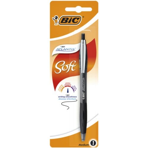 Balpen bic atlantis soft metalen clip clic medium Zwart bister