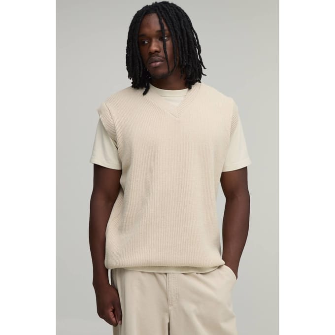 Lang Relaxed Geribbeld Gebreid Vest Met V-hals | Ecru | Size XL