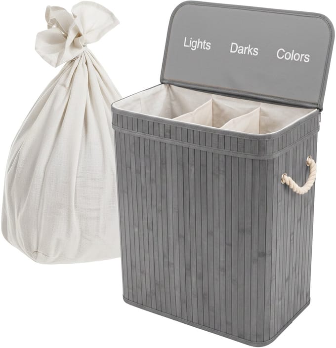 Wasmand 3 vakken - 105 l - opvouwbaar - bamboe - grijs