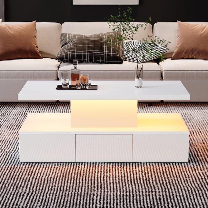 Wishdor Salontafel 100x50x39 cm | Hoogglans Wit | LED-appbesturing | Open middenvak & Lade | Modern slank en functioneel