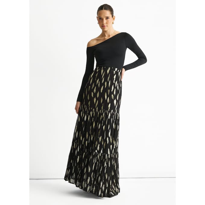 Zwarte geknipte jacquard gelaagde maxi-rok
