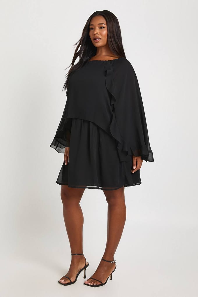 boohoo Dames Plus Chiffon Ruches Smock Jurk | Zwart | Maat: 44