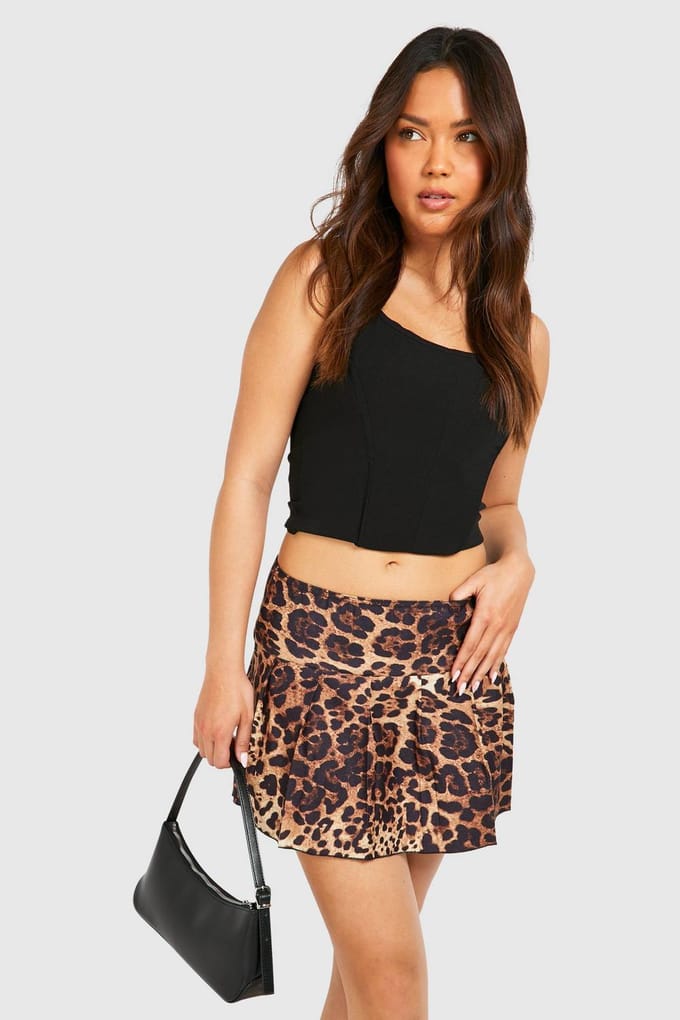 boohoo Dames Laaggesneden Leopard Bengaline Geplooide Mini-Rok | Maat: 12