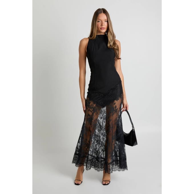 boohoo Dames Maxi jurk met kanten zoom | Zwart | Maat: 36