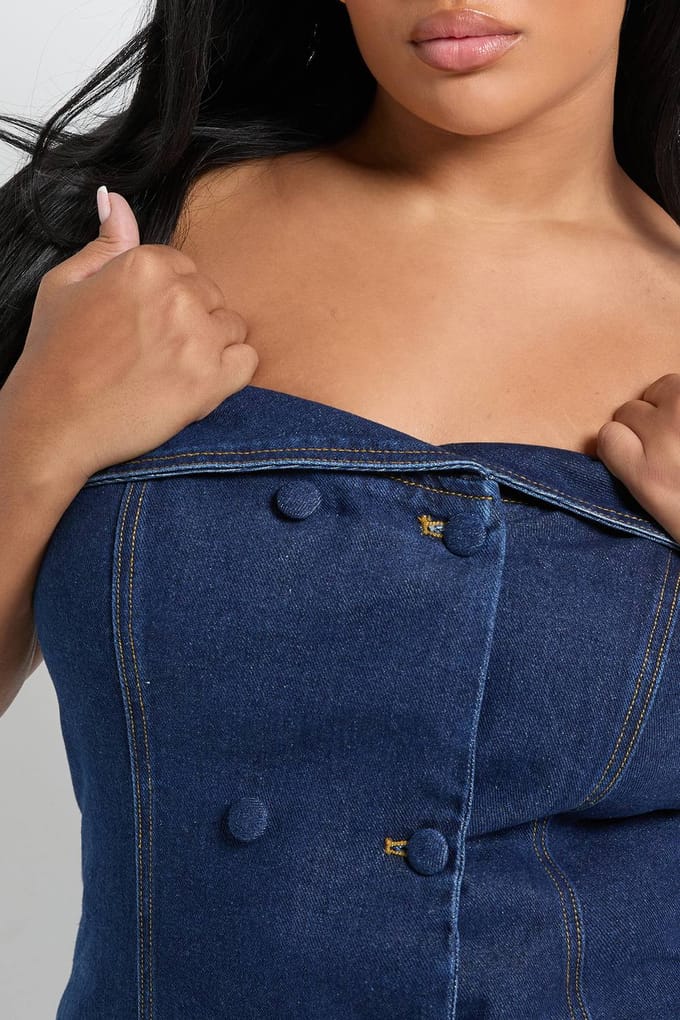 boohoo Dames Plus Bardot Button Down Denim Top | Indigo | Maat: 24