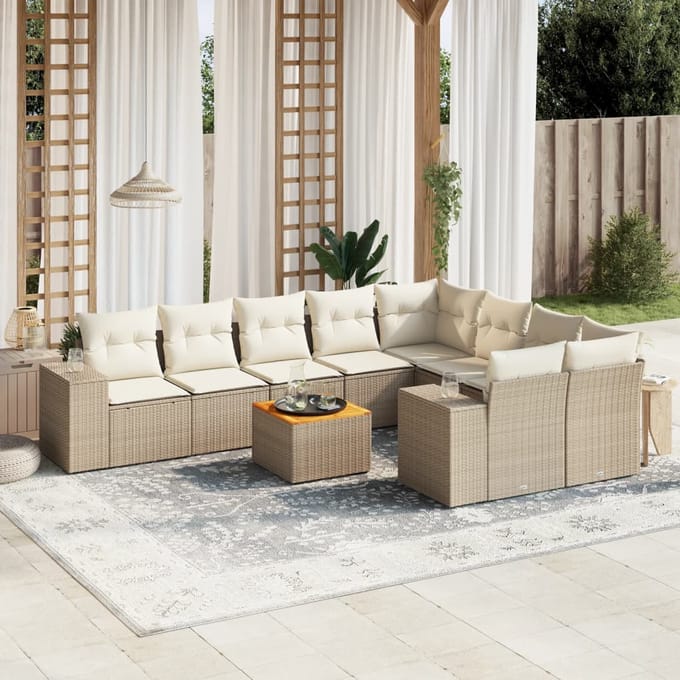 vidaXL - 10-delige - Loungeset - met - kussens - poly - rattan - beige
