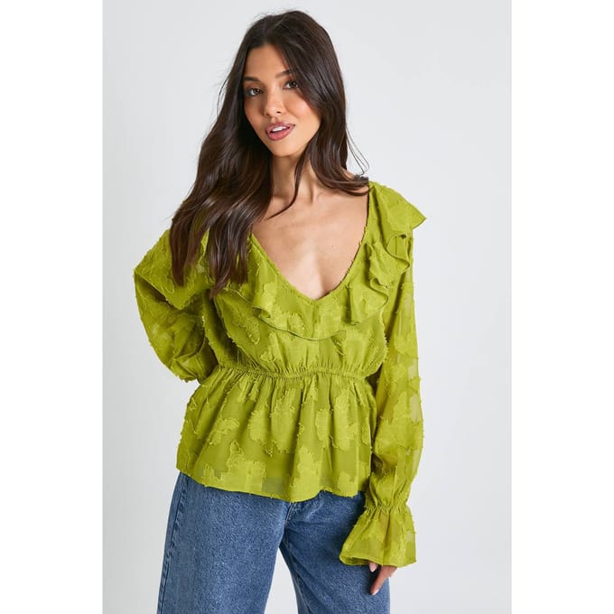 boohoo Dames Burnout Bloemige Engel Mouw Blouse | Olive | Maat: 8