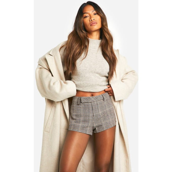 boohoo Dames Wool Check Micro Short | Bruin | Maat: 42