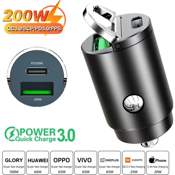 200W Compacte Autolader USB Snel Laadadapter Dubbele Poort Mini Telefoonlader 200W PD+QC zwart