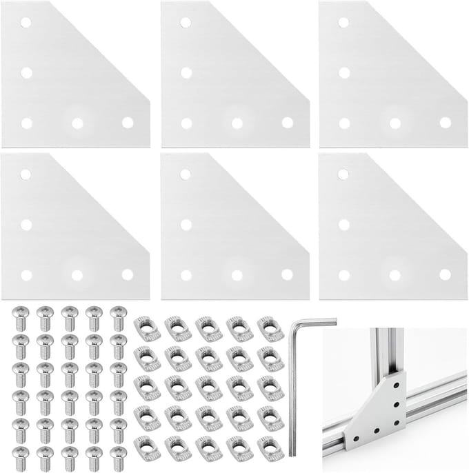 Hoekbevestigingen - Verbindingsplaten - Frame Constructie - Compleet met Moeren Schroeven - 6x6cm Profiel - Zilver