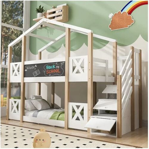 Merax Kinderstapelbed - 2 x 90 x 200 cm - boomhut - opbergruimte in de trap - wit