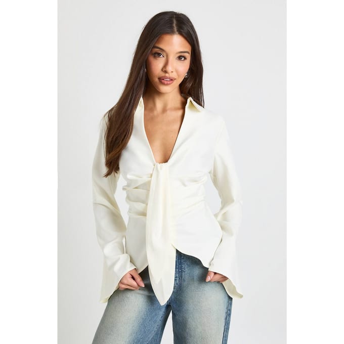 boohoo Dames Gedrapeerd Shirt met Taille | Ivoor | Maat: 42