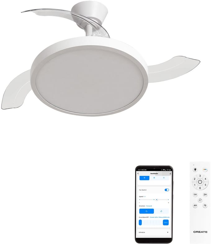 CREATE - Plafondventilator 40W stil met intrekbare bladen met licht - Ø108cm - Wit - WIFI + Afstandsbediening - WIND CLEAR STUDIO
